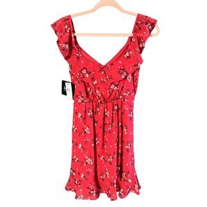 New By & By Ditsy Floral Dress Red Ruffles, Rouching Elastic Waist with Tie Sz S